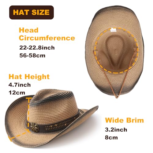 AQOKKA Straw Cowboy Hats for Women Men Western Cowgirl Hats with Shapeable Brim Woven Hollow Out Unisex Beach Roll Up Caps - color: Spray-painted Cowboy Hats : Khaki+black