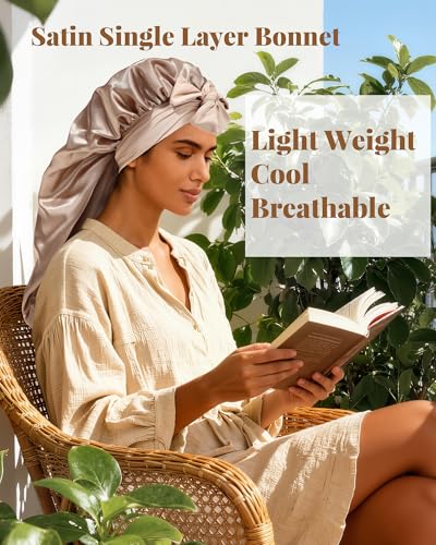 AWAYTR Long Satin Bonnet for Braids - Elastic Silk Hair Bonnets for Sleeping Night Cap Stretchy Tie Band for Women（Champagne） - color: Champagne