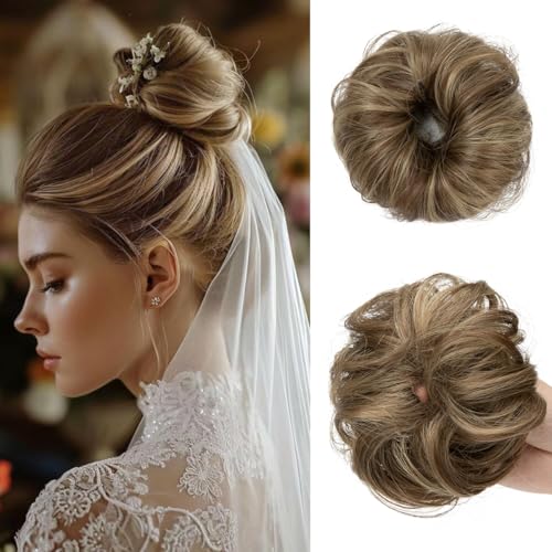 CJL HAIR 2PCs Small Cute Messy Bun Hair Piece for Thin Hair Women Mini Synthetic Curly Bun Scrunchies Updo Hairpieces Brunette/Ash Blonde - color: 2PCS-Brunette/Ash Blonde