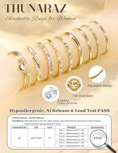 THUNARAZ 9Pcs Gold Stackable Rings for Women Non Tarnish Open Adjustable 14K Gold Plated Rings Trendy Stack Cubic Zirconia Thin Thumb Ring Set Minimalist Dainty Statement Band Ring - color: Gold Tone