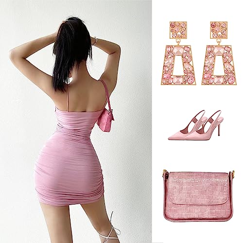 Rhinestone Rectangle Statement Earrings Colorful Crystal Geometric Drop Dangle Earrings for Women Prom Party - color: Pink