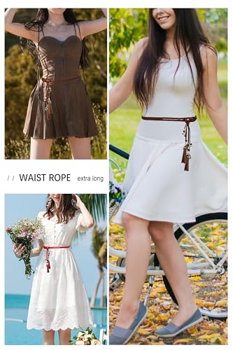 TeeYee Waist Belt Woven Knitted Rope/Chain PU leather 3 Pieces Tassel Rope Skinny Belt - color: 018blacktancoffee