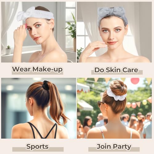LEOBRO Spa Headband, 6pcs Makeup Headbands and Hair Scrunchies, Bow Skin Care Headband for Washing Face for Teen Girls Women, Easter Basket Valentines Gifts for Girls, Black & White & Gray - color: Black, White, and Gray