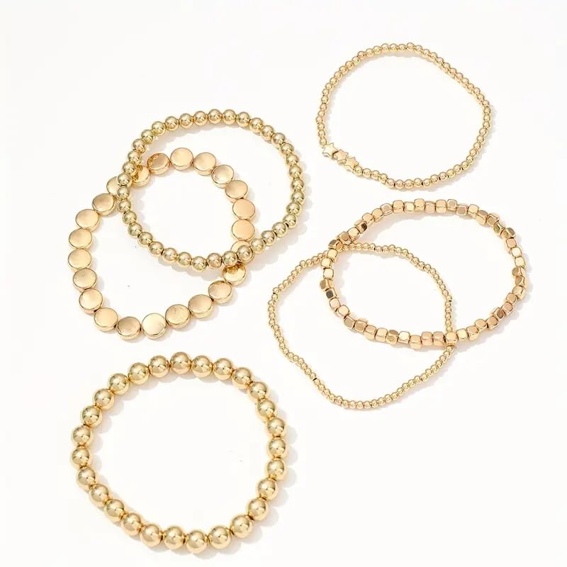 6Pcs Beaded Anklets for Women Elastic Stretch Ankle Bracelets Set Gold Silver Tone Boho Star Disc Charm Foot Jewelry Beach Gift - color: Gold