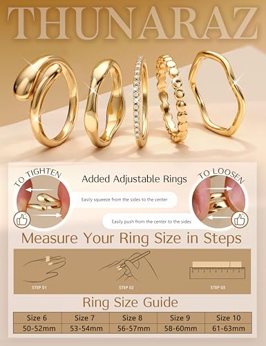 THUNARAZ 14K Gold Plated Rings for Women Non Tarnish Stackable Chunky Rings Cubic Zirconia Thumb Ring Set Dainty Trendy Statement Promise Wedding Bands Engagement Ring for Women Size 6-10 - color: Gold