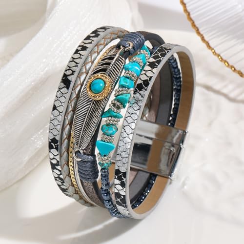 Boho Layered Bracelet for Women – Green Crystal Beaded Wrap Bracelet with Gold Clasp, Multi-Strand Hypoallergenic Statement Jewelry - color: Turquoise Multi Layer