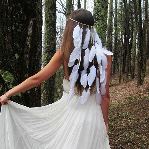 Feather Headband White Hippie Indian Boho Hair Bands Tassel Bohemian Halloween Hair Hoop Women Crown Hairband Party Decoration Headdress Cosplay Costume Headwear Headpiece Christmas Hair Accessories - color: White