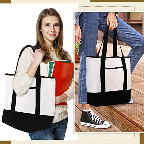 Reginary 16 Pcs Canvas Tote Bags Bulk with Outer Pocket 18 Inch Reusable Shopping Grocery Blank Tote Bag for Women Mother DIY (Black White) - color: Black White