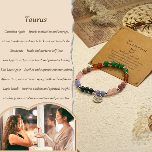 Zodiac Natural Stone Bracelet – Handmade Crystal Healing Bracelet with Zodiac Charm – Adjustable Beaded Jewelry Gift for Women Men Girls - color: Taurus