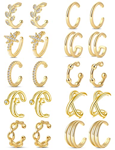 Tornito 4-10 Pairs Stainless Steel Ear Cuff Helix Cartilage Clip On Wrap Earrings Fake Nose Ring Non-Piercing Adjustable - color: A6:10Pairs, Gold Tone