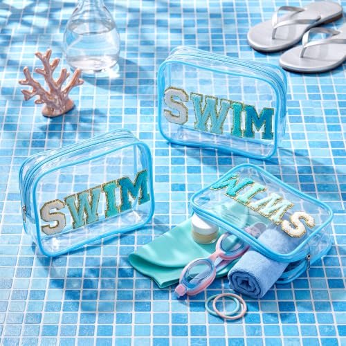 Kacctyen Clear Makeup Bag Bulk Summer Beach Sunscreen Pouch Waterproof Toiletry Cosmetic Zippered Organizer with Preppy Chenille Letter Patch(Swim,Lake Blue,8 Pcs) - color: Lake Blue, size: Swim