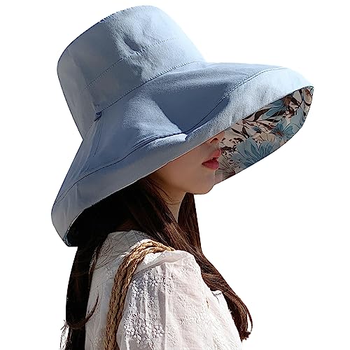 HUAMULAN Women Summer Sun Hat Wide Brim Wired Edge Floral Beach Bucket Hats Reversible Foldable Travel UV Protection Lady Hat - color: M2320-blue