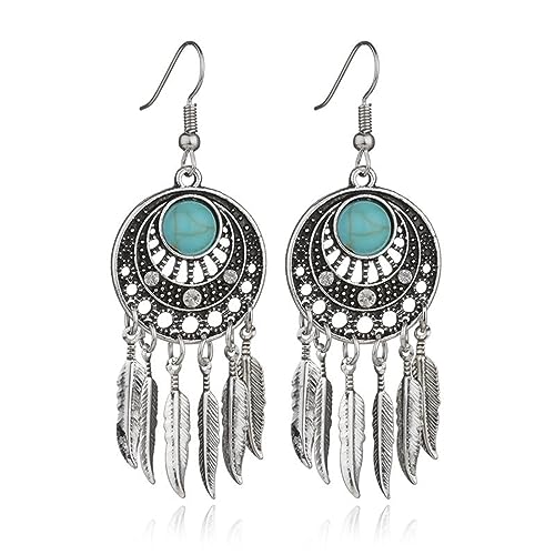 Boho Turquoise Drop Earrings Retro Long Copper Feather Tasse Metal Leaf Dangle Earrings Vintage Country Western Jewelry Cowgirl Ethnic Style Geometric Concert Festival Accessories for Women - color: Silver Feather