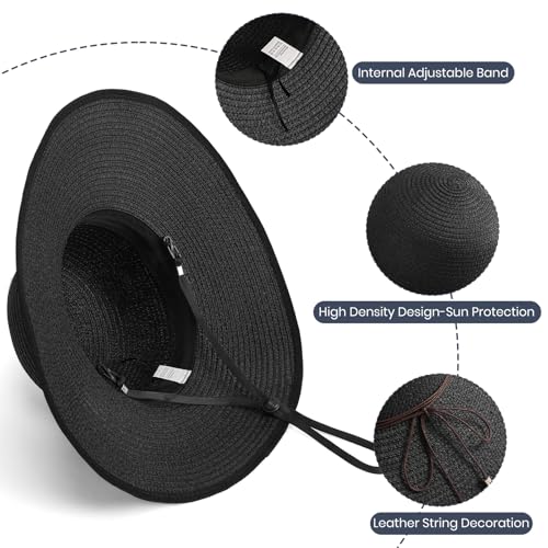 Sun Hats for Women, Straw Hats UPF 50+ Sun Protection, Wide Brim Womens Beach Hat for Summer Travel - color: Black