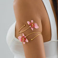 Flower Arm Cuff for Women Floral Upper Arm Bracelet Pink Flower Jewelry Gold Tone Adjustable Upper Arm Cuff Jewelry for Party and Daily Wear