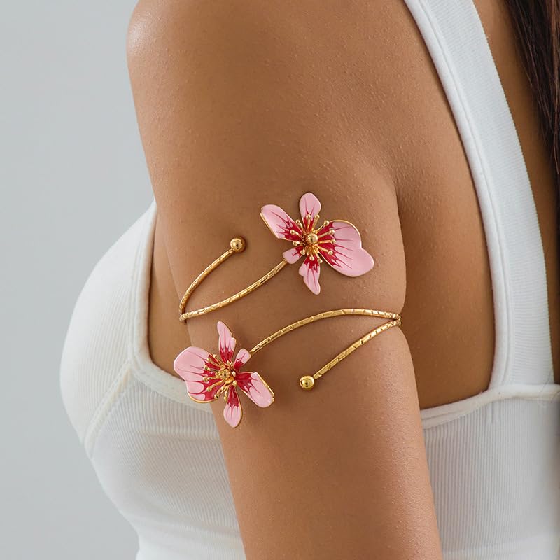 Flower Arm Cuff for Women Floral Upper Arm Bracelet Pink Flower Jewelry Gold Tone Adjustable Upper Arm Cuff Jewelry for Party and Daily Wear