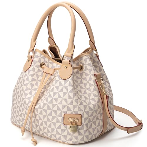 Bucket Purse For Women With Chic West Hobo Style | Drawstring Closure, Shoulder Handbag, Tote Purse, Pockets Design - color: White