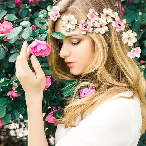 Crown for Girls & Women, Pink Headband & Headpiece for Weddings, Bridesmaids, Flower Girls, Tea Party, Bavarian Festival, Boho Floral Hair Accessories, 6 PCS