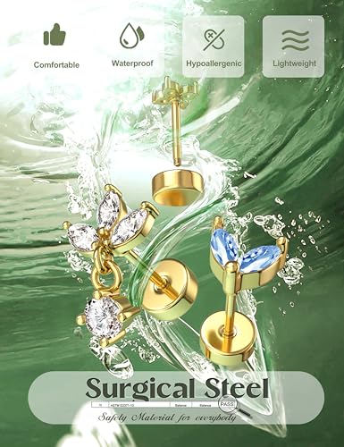 ORAZIO 16 Gauge Cartilage Earrings for Women Flat Back Hypoallergenic Surgical Steel Small Flatback Stud Hoop Cartilage Earring Stack Set Daith Conch Tragus Helix Piercing Jewelry Single PC - color: 14K Gold Plated+Blue CZ