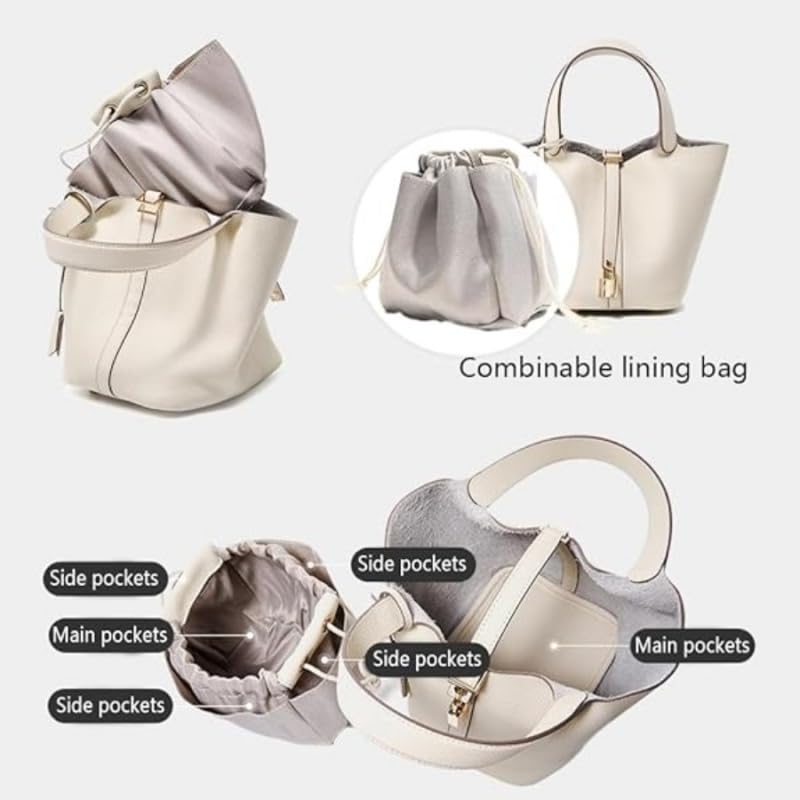 Genuine Leather Bucket Bag for Women: Lock Design Shoulder Handbag Versatile Top-Handle Tote Fashionable Vegetable Basket - color: Khaki