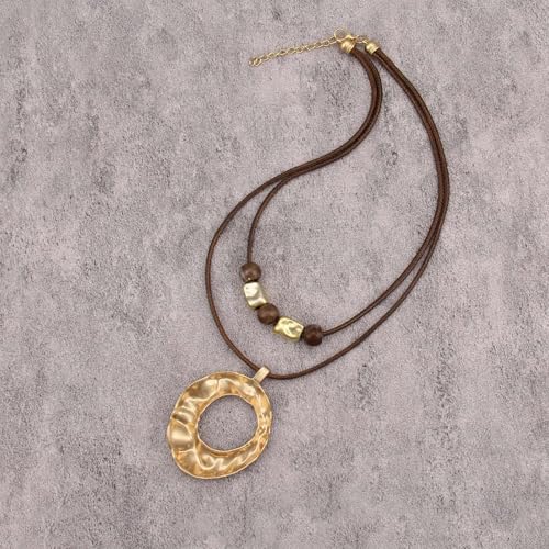 Boho Necklaces for Women Chunky Circle Necklace Layered Boho Circle Leather Choker Necklace Long Vintage Necklaces Bohemian Jewlery Gifts - style: Large Pendant Necklaces