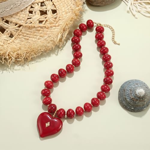 Elegance 11 designs Chunky Heart Necklace for Women, Colorful Acrylic Beaded Statement Puff Heart Necklace, Cute Boho Y2K Choker Necklace for Gift Jewelry - color: Red