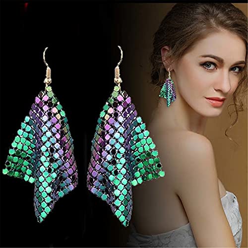 coadipress Metal Mesh Grid Sequins Tassel Long Drop Dangle Earrings for Women Trendy Lightweight Charms Disco Vintage Colorful Long Hook Earrings Bridal Wedding Jewelry - color: 4 Pairs Small Mesh