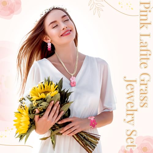 Tondiamo 3 Pcs Raffia Jewelry Set for Women Boho Daisy Flower Necklace, Open Cuff Bracelet, Earrings, Gift for Mom - color: Pink
