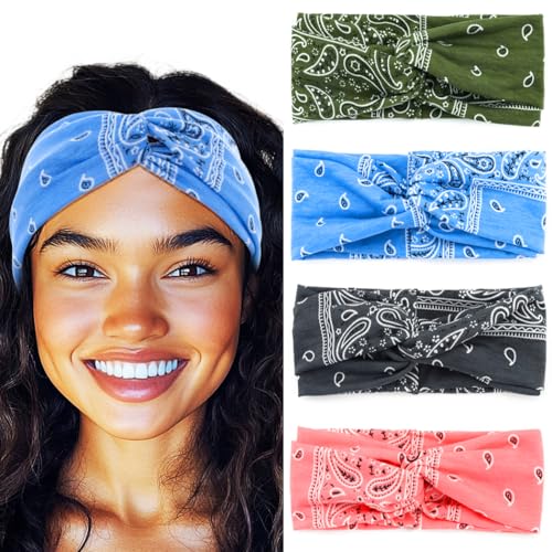 Urieo Boho Bandanas Headband Knotted Hair Bands Paisley Head Turban Sport Yoga for Women (Pack of 4) (C)