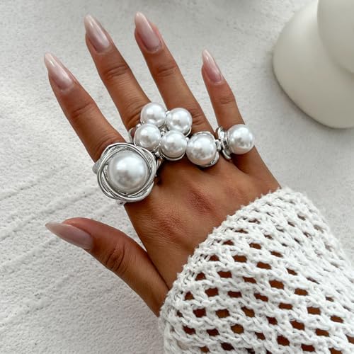 Gold Pearl Rings for Women Chunky Baroque Pearl Ring Open Adjustable Pearls Ring Boho Prom Costumes Jewelry Accessories - color: Silver