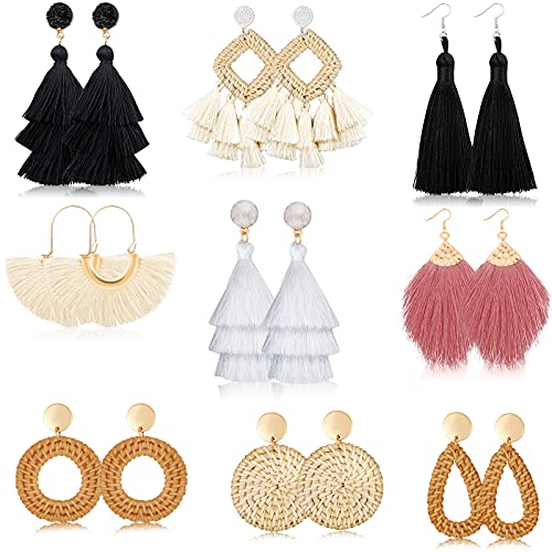 9 Pairs-26 Pairs Rattan Earrings for Women Girls Lightweight Acrylic Geometric Statement Woven Earrings Handmade Straw Wicker Braid Hoop Drop Dangle Earrings - color: Rattan 3