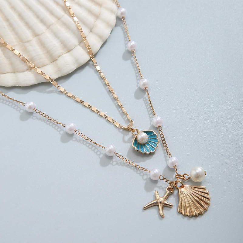 Layered Charm Necklace Boho Summer Jewelry Beach Vacation Gift for Women Surfer Accessories Gold-Filled Chain Summer Jewelry - color: A2