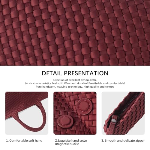 Woven Bag for Women, Large Neoprene Tote Bag Summer Beach Handbag Purse Retro Handmade Travel Shoulder Bag Set - color: Claret