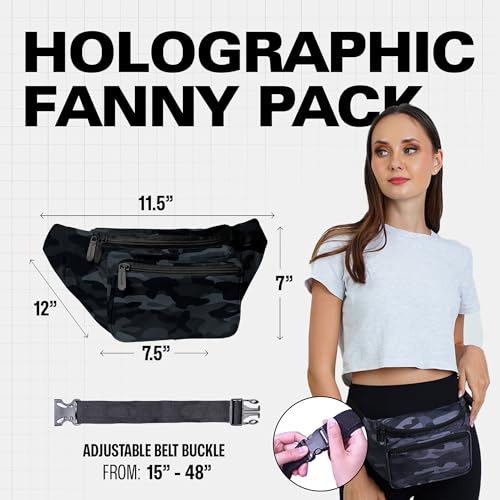 Black Camo Fanny Pack Belt bag - Crossbody Waist Bag for Men or Women - Hands-Free, Waterproof Large Bumbag for Hiking, Running, and Travel - color: Black Camo