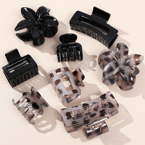 8 Pcs Neutral Matte Hair Claw Clips Set, Strong Hold Non-Slip Jaw Clips for Women Girls, Rectangle & Flower Design Hair Clips for Thick/Thin Hair, Daily & Styling Accessories（Black & Leopard) - color: Black-Leopard