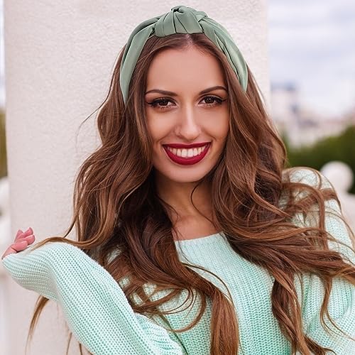 VELSCRUN White, Green 2 Pack Women's Satin Knotted Wide Non-Slip Elastic Turban Fashion Headbands for Hair Styling Accessories - color: Beige,Green
