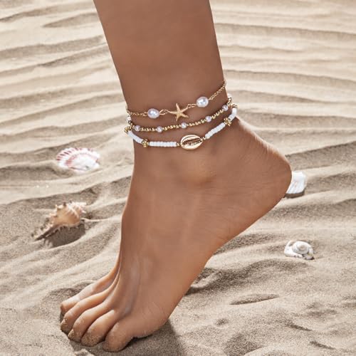 Vivian&CD Boho Shell Anklets Bracelet for Women Waterproof, Gold Layered Seashell Starfish Puka Shell Anklet, Adjustable Colorful Beaded Stack Stretch Bead Bracelet Set, Fashion Beach Foot Jewelry for Hawaii Summer Vacation - style: Starfish4