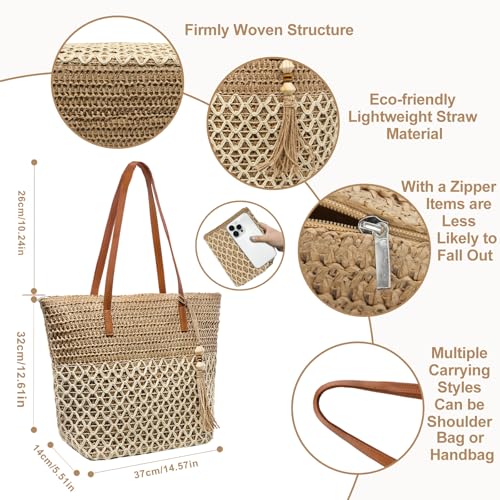 YAMEIZE Straw Woven Beach Shoulder Bags for Women Big Foldable Straw Tote bag Lightweight Raffia Bag with Zipper Summer - color: Multicoloured