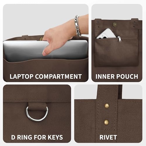 HOMESPON Large Canvas Tote Bag for Women Everything Bag with Pockets and Laptop Sleeve - color: Brown
