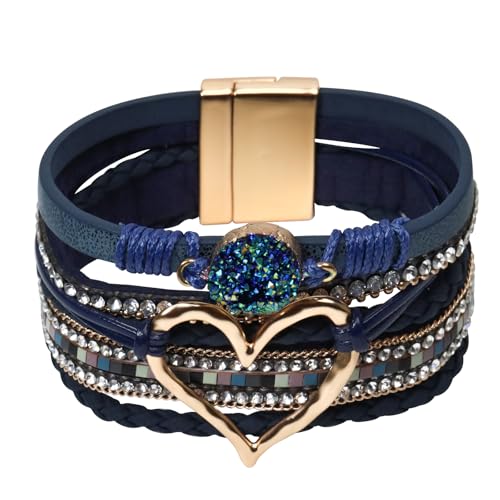 Leather Wrap Bracelet for Women, Boho Cuff Bracelet with Strong Clasp, Multi-Layer Crystal Leather Bracelet for Valentine Mother's Day - color: 01-Heart-Dark Blue