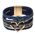 Leather Wrap Bracelet for Women, Boho Cuff Bracelet with Strong Clasp, Multi-Layer Crystal Leather Bracelet for Valentine Mother's Day - color: 01-Heart-Dark Blue