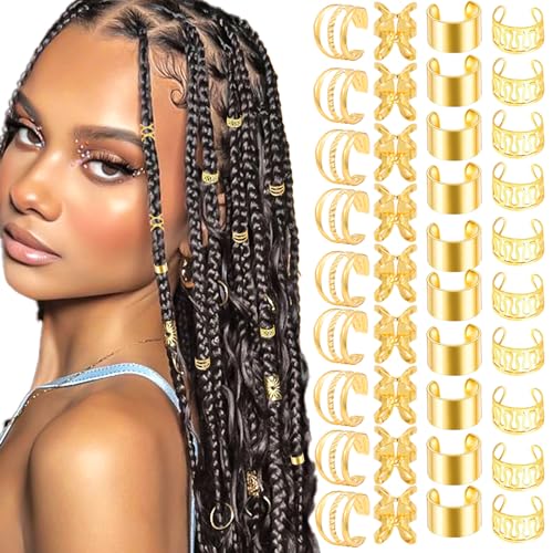 40PCS Gold Hair Jewelry for Braids - Multi Style Cuffs, Rings, Adjustable Beads for Braid Loc Dreadlock Accessories - Women and Girls - color: Silver-6