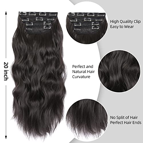 Clip in Synthetic Hair Extensions Long Wavy 4PCS Thick Hairpieces Black Brown Fiber Double Weft Natural Hair Extensions 20 Inch for Women (4pcs, 20Inch, 2#) - color: 2-Black Brown