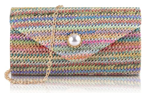 PACETAP Straw Clutch Purse for Women, Pearl Decoration Boho Crossbody Bags, Evening Clutch Purses Handbags for Wedding Party Cocktail Prom Dinner(Iridescence) - color: Straw Iridescence
