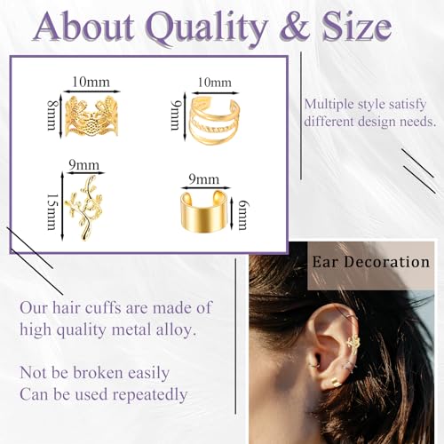 40PCS Gold Hair Jewelry for Braids Multi Style Hair Cuffs Adjustable Braid Jewelry Non-Piercing Ear Clips Loc Dreadlock Accessories for Women and Girls - color: Gold