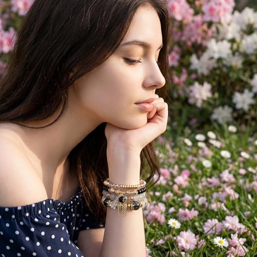 Bohemian Bracelet Sets for Women - 4-Pack Stackable Stretch Bead Bracelets with Black＆White Crystal & Gold Accessories, Multi-Layer Boho Jewelry - color: black