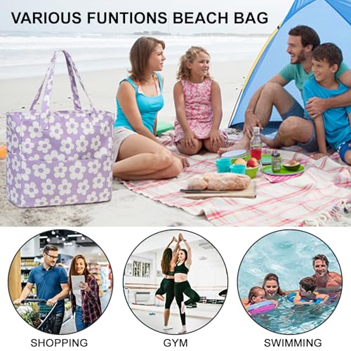 Bluboon Waterproof Beach Tote Pool Bags for Women Ladies Extra Large Carry On Bag With Wet Compartment for Weekender Travel - color: Big Flower 157 Purple