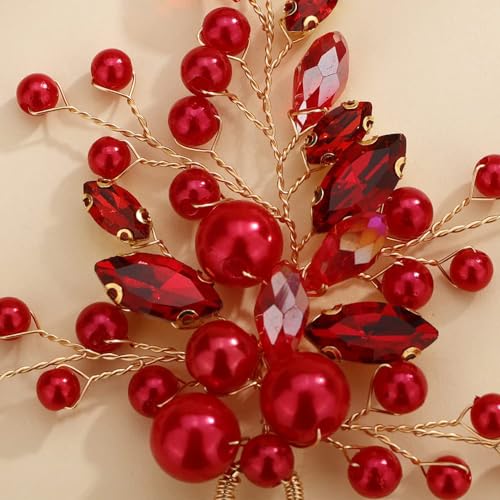 3pcs Red Crystal Hair Pins Long Side Hair Piece for Wedding Brides Bridesmaid Boho Hair Accessories for Prom (Red)