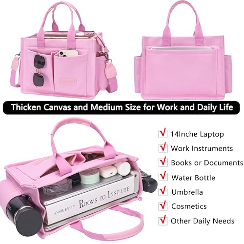 ZHMO Canvas Tote Bag for Women,Women's Bags Crossbody Bags Work Laptop Tote Bag Large Handbags Purse for Travel Nurse Teacher - color: New Upgrade Plus Pink With Compartments and Inner Cup Holders
