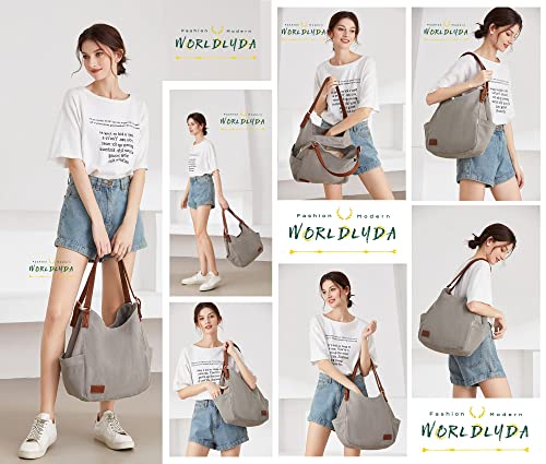 Worldlyda Women Canvas Hobo Purse Multi Pocket Tote Shopper Shoulder Bag Casual Top Handle handbag with Embroidery Ethnic - color: Be06brown